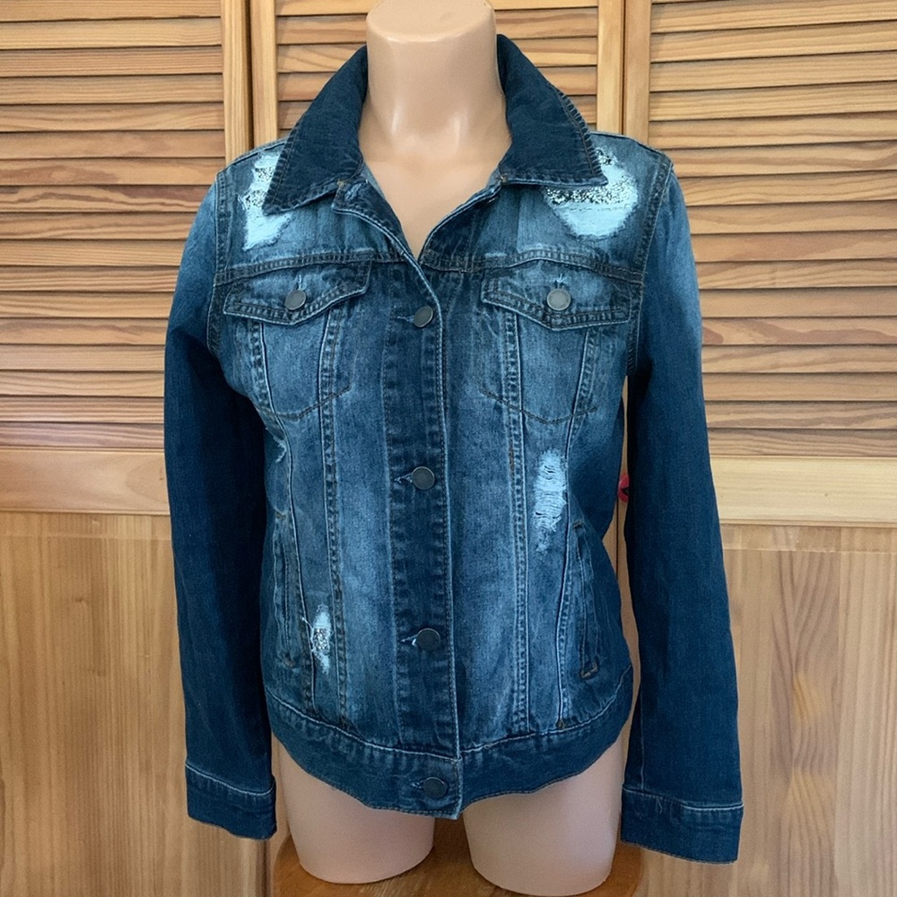 Juicy couture, denim, jacket, sparkle, distressed size small dark blue wash